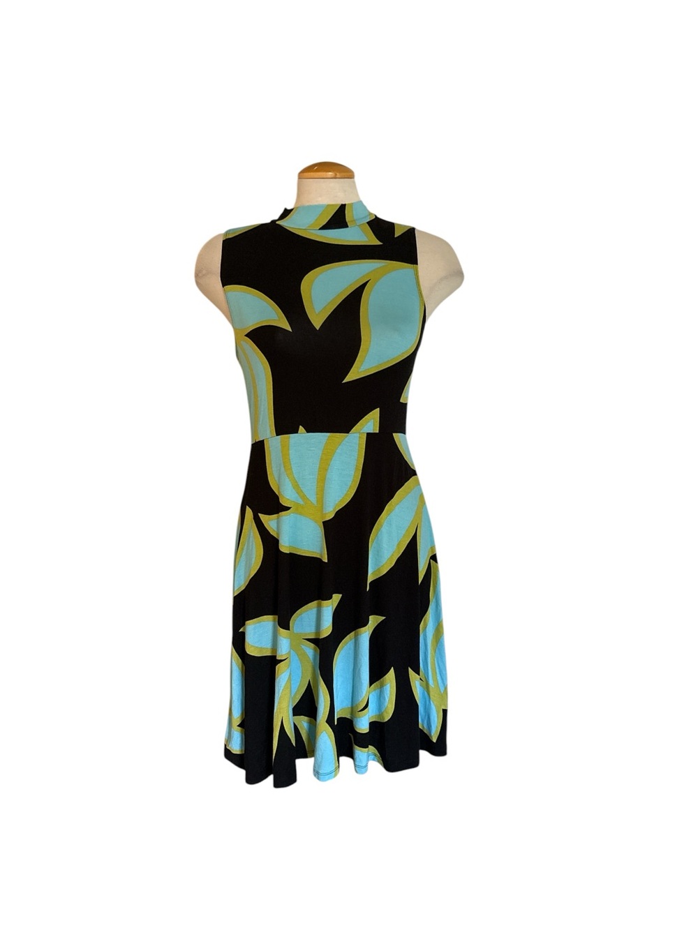 Christian Siriano Black Dress with Aqua & Lime Leaf Print
